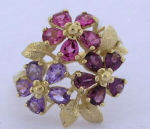 R192 Genuine 9K Gold Natural Multi-gem Pink Tourmaline Cherry Blossoms Ring