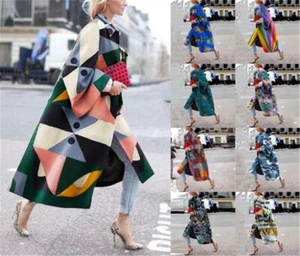 Damen Ausgestellter Langarm Print Mantel Lang Trenchcoat Locker Mode Streetwear - Bild 1 von 40