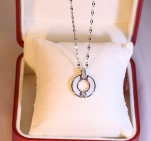 Silver Titanium White Ring Circle Pave C. Zirconia Shell Pendant Chain Necklace