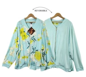 Iman Womens Plus Reversible Stretch Knit Bomber Floral Jacket Mint Blue Size 5X - Picture 1 of 12