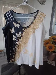 Weißes, goldenes und schwarzes Schmetterling Langarmshirt, offene Schultern, L - Bild 1 von 3