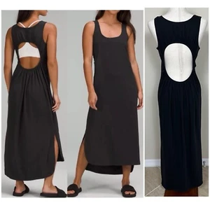 Lululemon Pima Cotton Open Back Midi Dress Women's Size 10 Black Sleeveless Slit - Picture 1 of 16