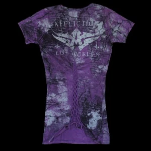 Affliction Womens V-Neck Top "STOP" NWT L T-Shirt Purple - Picture 1 of 5