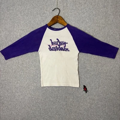 Y2K Kids XS Harley Davidson Raglan T Shirt Purple White Baseball Tee Vintage - Image 1 of 4