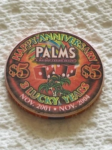 Ficha de póker de casino Palms $5 “3 años de suerte 3 aniversario” Las Vegas 🔥LTD 1500 - Imagen 1 de 2