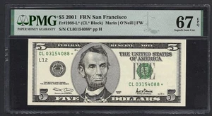 United States-Federal 5 Dollars 2001 Fr#1988-L* (CL* Block) Star UNC Grade 67 - Picture 1 of 2