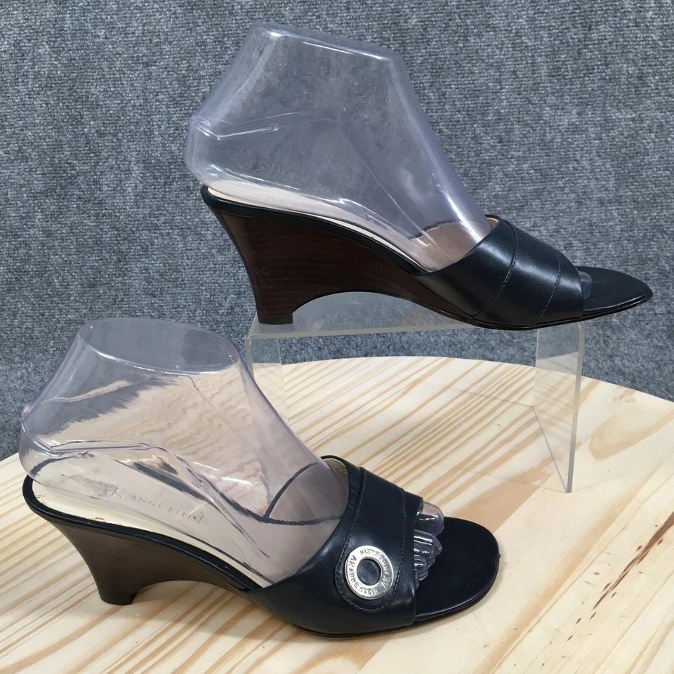 AK Anne Klein Sandals Womens 7 M Mira Casual Slip On Wedge Slide Blue Leather - Image 1 of 4