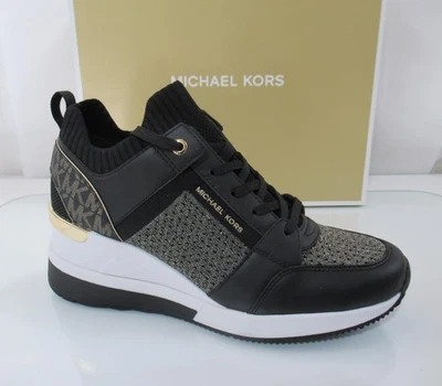 Michael Kors Georgie Knit Trainer Wedge Sneakers Laces MK Logo Black/Gold Size 8 - Image 1 of 4