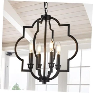 4-Light Farmhouse Chandelier, 15.6" Rustic Orb Geometric Pendant Light Black - Picture 1 of 7