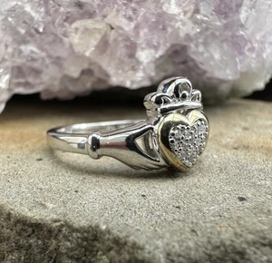 Irischer Claddagh Diamant Cluster Ring 14k und 0,925 Größe 6,75 - Bild 1 von 4