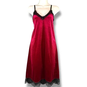 Vintage Red Velvet Midi Slip On Lingerie Dress Lace Hem S Retro Fairy Coquette - Picture 1 of 7