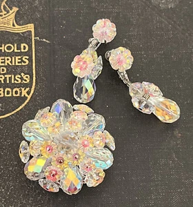 Vendome AB Clear Glass Bead Cluster Floral Brooch Clip Dangle Earring Set - Picture 1 of 13