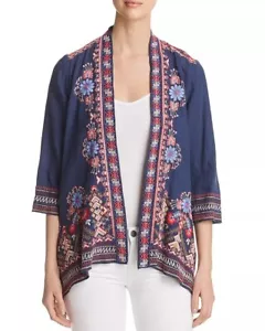 Johnny Was XS Frederique Draped Blue Linen Embroidered Open Jacket 3/4 Sleeves - Picture 1 of 10