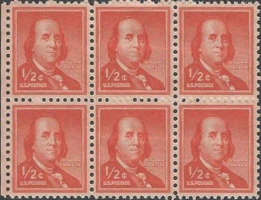 Block of 6 stamps - Scott 1030 - 1/2 cent - Benjamin Franklin - 1955 - MNH - Image 1 of 1