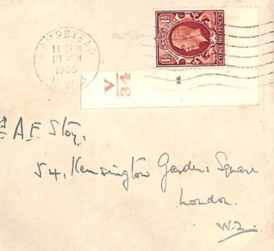 GB KGV PHOTOGRAVURE CONTROL *V/34* Cover  Corner Plate Number *98.* STOY MS4187 - Image 1 of 4