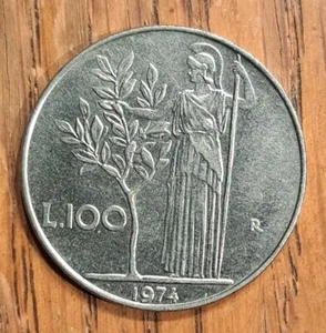 1974 Italy 100 Lire Wreath with Laural Goddess Minerva w/ Olive tree 27.8mm coin - Picture 1 of 10