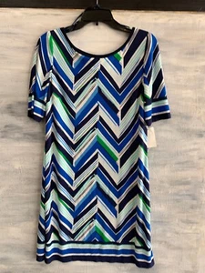 NEW! ELIZA J EJ7M4586 Short Sleeve STRETCH Shift Dress, 12 - Blue Chevron - Picture 1 of 11