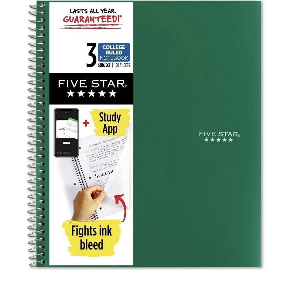 Five Star Wirebound College Ruled Notebook 3 Subject 150 Pages. Green Blck Color Foto 1 de 4