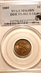 1889 Indian Cent PCGS, 64BN, Eagle Eye, S-11 DDR, FS802 - Picture 1 of 7
