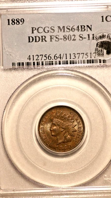 1889 Indian Cent PCGS, 64BN, Eagle Eye, S-11 DDR, FS802 - Image 1 of 4