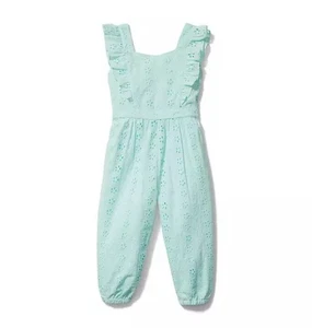 NWT Janie and Jack Eyelet Ruffle Jumpsuit Size 16 Icicle Blue /Mint Bow Barrette - Picture 1 of 9