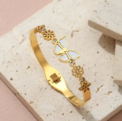 Flower & Mother Of Pearl Butterfly Gold Stainless Steel Cuff Bangle Bracelet - Image 1 of 4