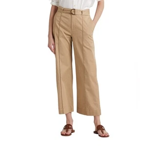 Lauren Ralph Lauren Twill Belted Cropped Stylish Wide Leg Pants Tan NEW Size 8 - Picture 1 of 6