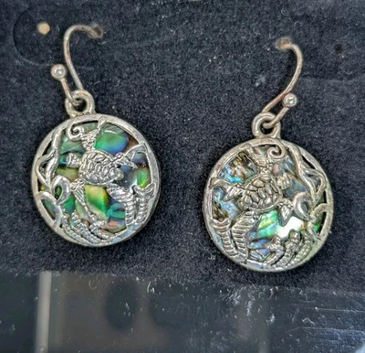 Women's Sterling Silver 925 Plated Abalone Shell Turtle Motif Hook Earrings  - Image 1 of 4