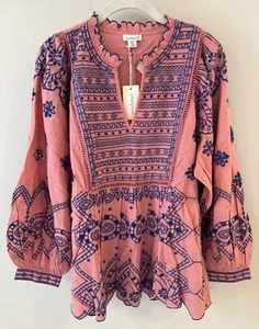 NWT Sundance Catalog Pink Blue Embroidery Eyelet Peasant Blouse, Size PXL $150 - Picture 1 of 4