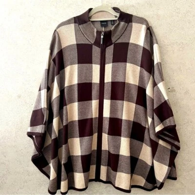 RAFAELLA 1X BROWN/TAN CHECKERED ZIPPERED COMFY FALL WINTER CAREER CAPE - Image 1 of 4