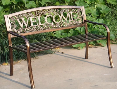 Bronze Finish Metal Welcome Outdoor Garden Bench Vines Park Lawn Patio Furniture - Image 1 of 4