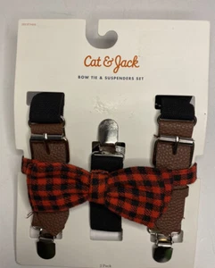 Juego de corbata y suspendedores con moño para niños Cat & Jack negro rojo búfalo a cuadros marrón - Imagen 1 de 8