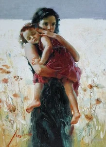Pino Daeni Maternal Instincts Mother & child HAND EMBELLISHED SIGNED Art Canvas - Picture 1 of 10