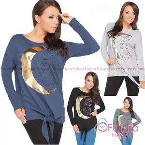 Ladies Tie Front Top Moon Print Pullover T-Shirt Jumper Blouse Size 8-14 FT2142 - Picture 1 of 6