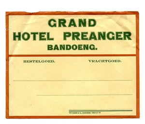 Vintage Hotel Mailing Luggage Label GRAND HOTEL PREANGER Bandoeng Bandung Java  - Picture 1 of 2