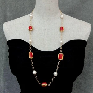 rectangle Red Coral Freshwater Cultured White Pearl Station Long Necklace 30" - Picture 1 of 6