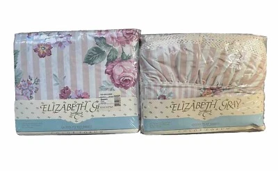 VTG ELIZABETH GRAY MELINDA QUEEN FLAT & FITTED SHEET SET FLORAL WITH STRIPES NOS - Image 1 of 4