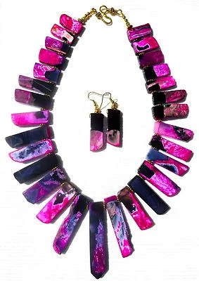  COLLAR CLEOPATRAS PALO ÁGATA RAYAS ROSAS CON PENDIENTES A JUEGO Foto 1 de 4
