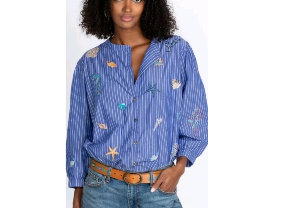 Top Johnny Was Talla Grande 1X Azul Rayas Bordado Costero Foto 1 de 4