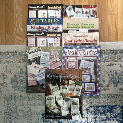 9 Cross Stitch Kitchen Towels Huck Towels Aprons Etc - Image 1 of 4