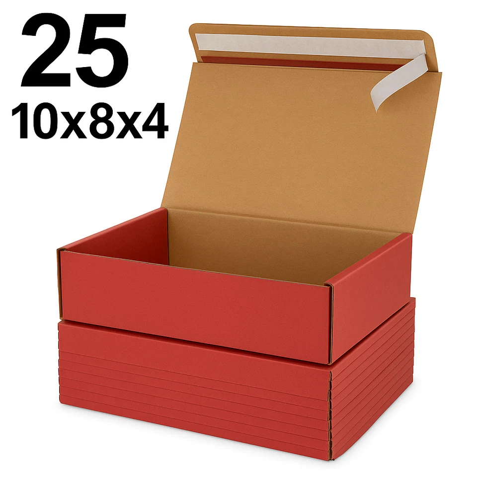 25 Red Shipping Boxes 10x8x4 | Self-Seal Folding Mailers – No Tape Needed - Image 1 of 4