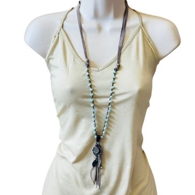 Collar Amazonita Latón Dije Genuino Cuentas Largas Y2K Azul Cuentas BOHO 40" Foto 1 de 4