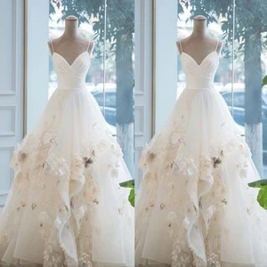 Princess Ruffles White Ivory Wedding Dresses with Flowers Straps Bridal Gowns - Picture 1 of 9