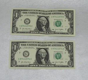 Lot 2 Consecutive Serial Numbers on Single Dollar Bills G 8741170 & G 87411571 - Picture 1 of 5