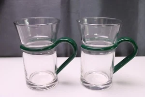 INSPIRATION Cappuccino Espresso Glass 2 Coffee Cups Clear Forest Green Handle - Picture 1 of 5