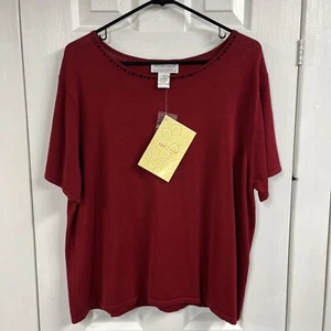 Neu mit Etikett Victor Costa Damengröße 1X rotes Oberteil Seide/Baumwolle, Perlenakzente - Bild 1 von 3