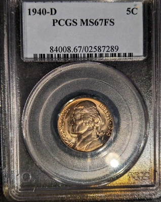 1940-d pcgs ms67fs full Virtually 6 step Jefferson Nickel OBH Old Blue Holder - Image 1 of 2