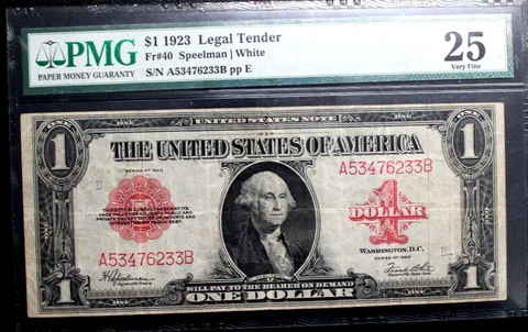 1923 Fr 40 $1 Large Size Legal Tender RED SEAL PMG Certified VERY FINE 25 Cover