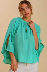 New Umgee S M L Aqua Semi-Sheer Textured Flowy Tie Front Top Cape Poncho Top - Picture 1 of 10
