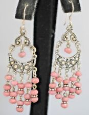 Vintage Sterling silver 925 pink stone bead drop dangle draping hook earrings